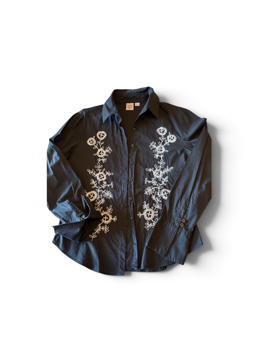 DKNY CITY Vintage Black Button-Down Shirt with White Floral Embroidery - Size 8
